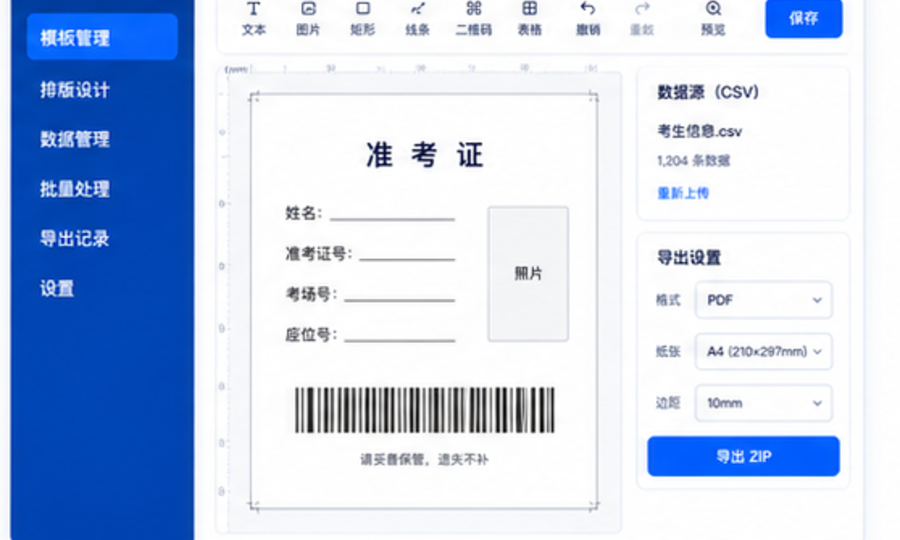 准考证排版工作台界面预览